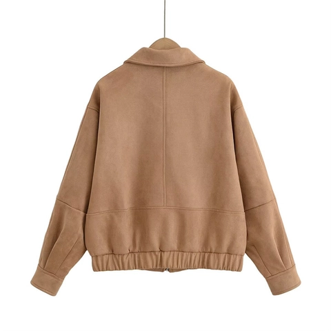 Chaqueta de Gamuza Sintética Informal para Mujer Solapa Manga Larga Color Sólido Ropa de Abrigo con Dobladillo Elástico Bolsillos Abrigo Streetwear