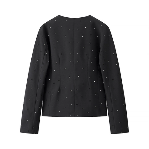 Damen Elegant Strass V Ausschnitt Blazer Jacke Lässig Langarm Schwarz Besetzte Offene Vorderseite Oberbekleidung Für Büro Party