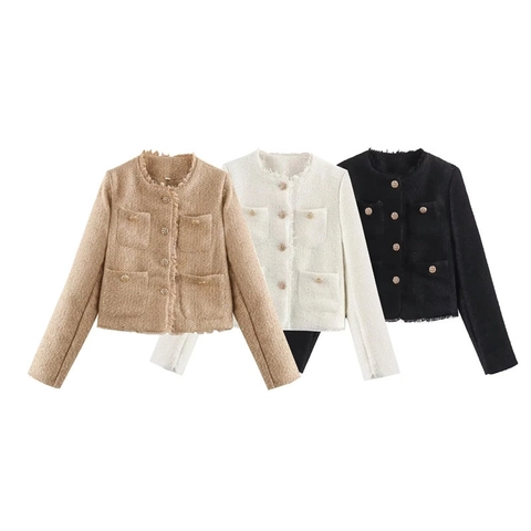 Women's French Style Tweed Jacket Elegant Round Neck Fringe Trim Long Sleeve Button Up Coat With Four Pockets