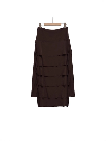 Women's Dark Brown Tiered Midi Skirt Layered Solid Color High Waist Cake Skirt Street Style Casual Versatile Skirt