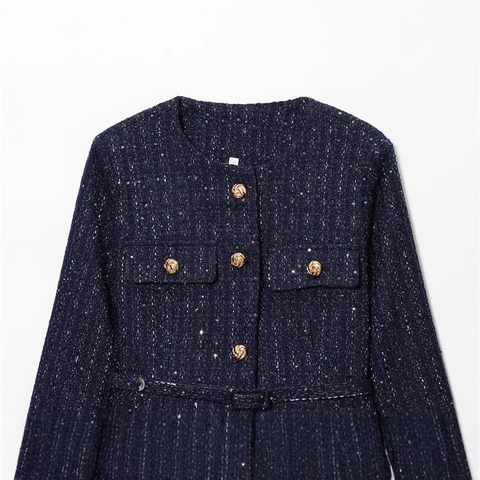 Damen Vintage Marineblau Tweed Jacke Mit Gürtel Goldene Metallknöpfe Rundhals Elegant Langarm Pailletten Oberbekleidung