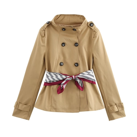 Vrouwen Khaki Korte Trenchcoat Double Breasted Staande Kraag Windjack Met Gestreepte Sjaal Riem Epauletten Bovenkleding