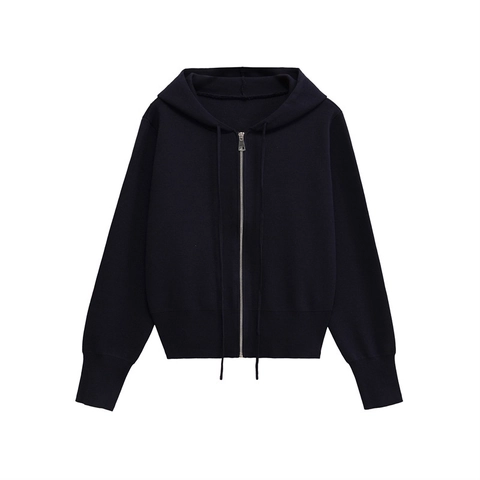 Women's Casual Knitted Zip Up Hoodie Long Sleeve Navy Blue Solid Loose Short Jacket With Drawstring