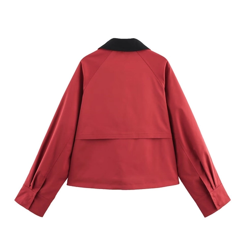 Women Fashion Contrast Black Lapel Red Jacket Spring Long Sleeve Single Breasted Casual Jacket Outerwear With Pockets