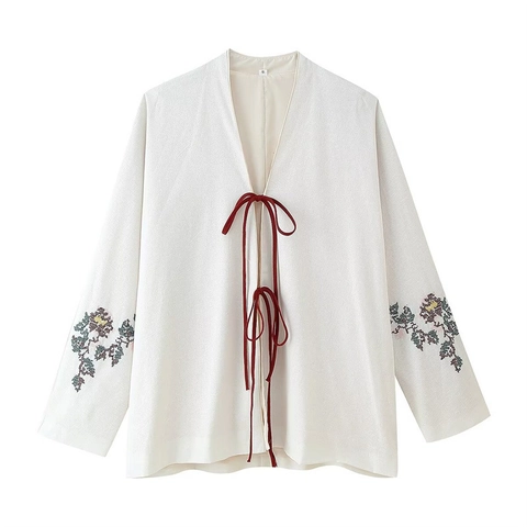 Veste Style Kimono Brodé pour Femmes Motif Floral Col en V Manches Longues Vêtement d'extérieur avec Lacet Style Mode Décontracté