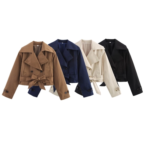 Dames Mode Kort Trenchcoat Double Breasted Strik Riem Revers Casual Losjes Effen Kleur Bovenkleding Windjack