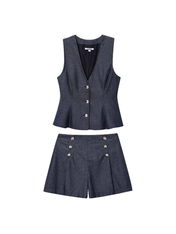 Women Casual Denim Look Peplum Vest And High Waist Shorts Top And Bottom Summer Sleeveless V-Neck Golden Buttons Slim Outfit