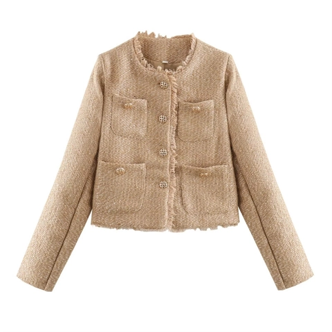 Women's French Style Tweed Jacket Elegant Round Neck Fringe Trim Long Sleeve Button Up Coat With Four Pockets