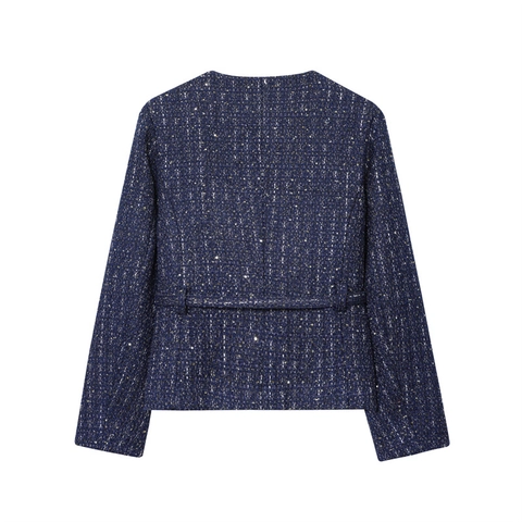 Damen Elegant Tweed Jacke Mit Goldenen Knöpfen Und Gürtel Rundhals Pailletten Oberbekleidung Vintage Luxuriös Langarm Mantel