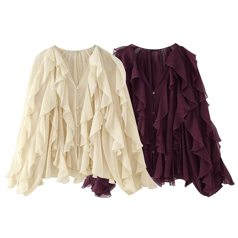 Camicetta In Chiffon Con Scollo A V Da Donna Volant A Strati Maniche Lunghe Camicia Abbottonata Top Casual Elegante
