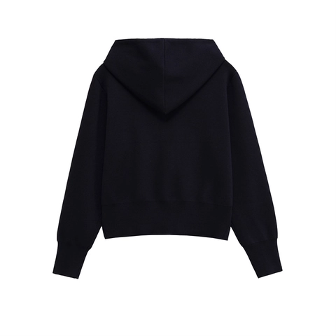 Women's Casual Knitted Zip Up Hoodie Long Sleeve Navy Blue Solid Loose Short Jacket With Drawstring
