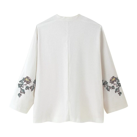 Veste Style Kimono Brodé pour Femmes Motif Floral Col en V Manches Longues Vêtement d'extérieur avec Lacet Style Mode Décontracté