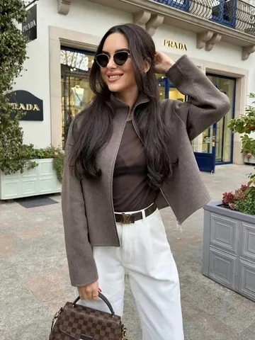 Damen Locker Stehkragen Reißverschluss Wolljacke Einfarbig Dunkelbraun Langarm Casual Streetwear Outerwear Top