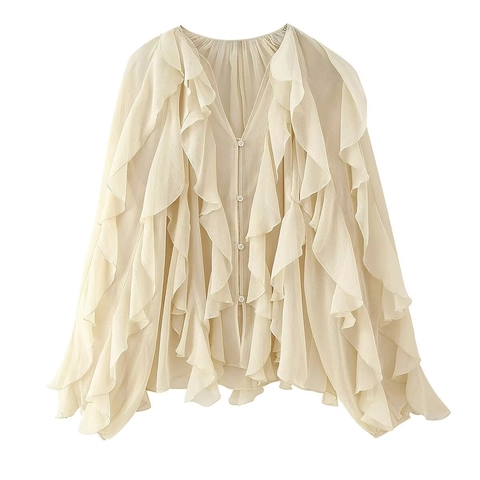 Camicetta In Chiffon Con Scollo A V Da Donna Volant A Strati Maniche Lunghe Camicia Abbottonata Top Casual Elegante