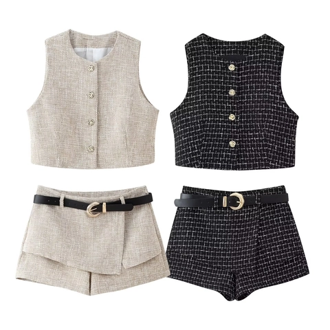 Women Tweed Round Neck Top And Textured A Line Shorts Set With Belt Elegant Sleeveless Vest Waistcoat Bottom Pants Set