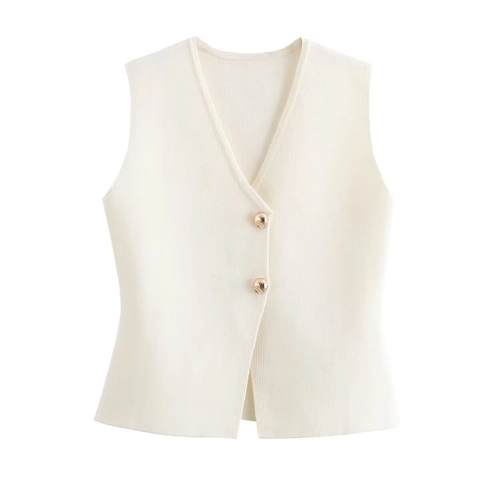 Gilet en Tricot à Col en V pour Femmes Coupe Cintrée Boutons Dorés Couleur Unie Haut d'Automne Décontracté et Élégant