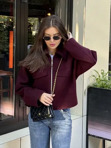 Damen Mode Weinrot Polyester Wolljacke Reißverschluss Vorne Reverskragen Mantel Mit Großen Taschen Casual Streetwear Oberbekleidung
