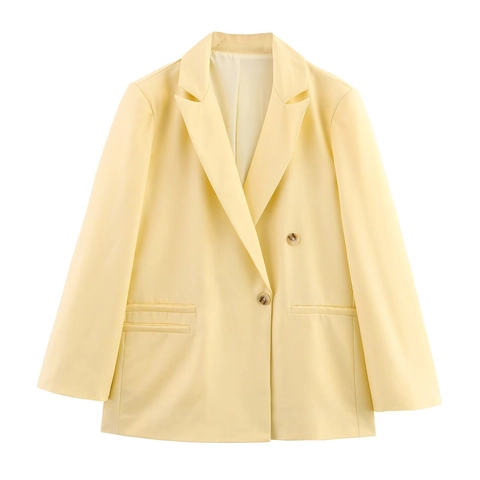 Dames Minimalistische Linnenmix Blazer Jas Double Breasted Effen Kleur Kantoorkleding Lange Mouw Casual Losse Mode Jas