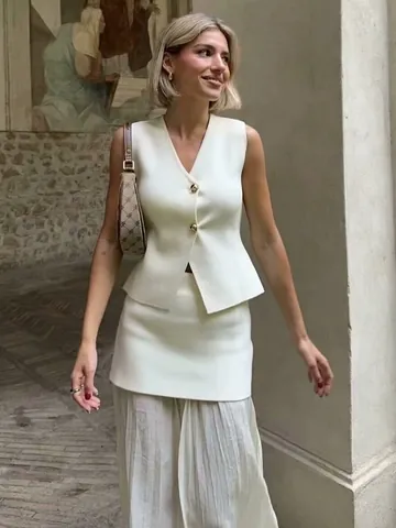 Completo Donna Elegante Gilet In Maglia Con Scollo A V E Gonna Midi Pieghettata Streetwear Casual Senza Maniche Con Bottoni Dorati