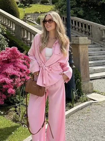 Damen Casual Einfarbig Langarm Kordelzug Hemd Und Weites Bein Hose Zweiteiler Set Streetwear Outfits