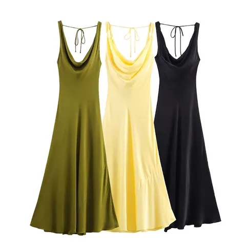 Dames Satijnen Gedrapeerde Hals Slipjurk Sexy Rugloos Rugstrik MIDI A-lijn Feest Socialite Stijl Effen Kleur Mouwloos