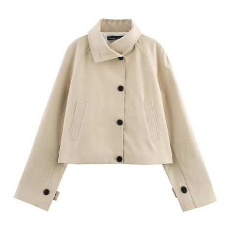 Veste Trench-coat Court Décontracté pour Femmes Minimaliste Revers Simple Boutonnage Beige Coupe-vent Ample pour Femmes