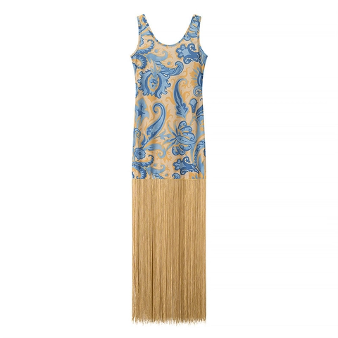 Damen Ärmelloses Paisley Print Maxi Kleid Mit Langen Fransen Boho Gerafft Spliced Sexy Rundhals Langes Party Kleid