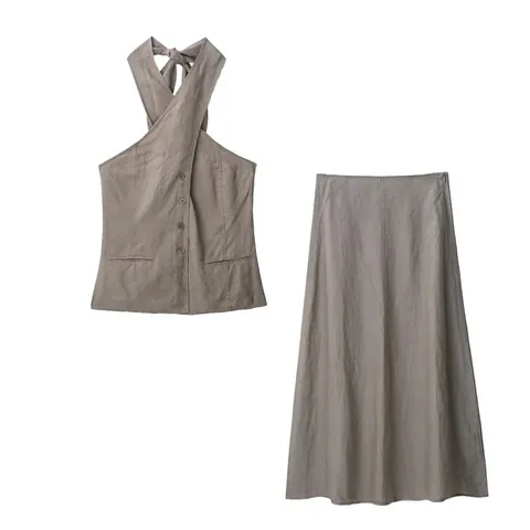 Conjunto de Top Halter y Falda Midi para Mujer Mezcla de Algodón y Lino Casual Dos Piezas Atuendo Pardo Sin Mangas Streetwear