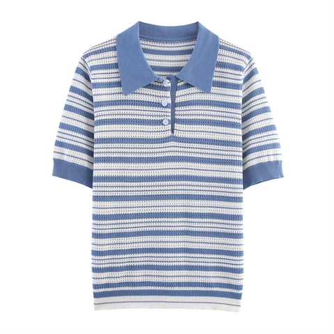 Women Striped Knit Polo Shirt Short Sleeve Lapel Neck Button Casual Breathable Eyelet Pointelle Knit Tee Summer Top