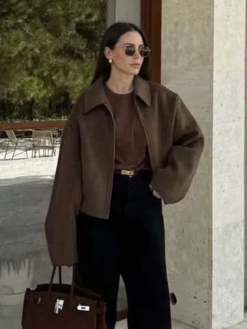 Damen Casual Einfarbig Revers Reißverschluss Wolljacke Mantel Herbst Winter Langarm Lockerer Streetwear Oberteil