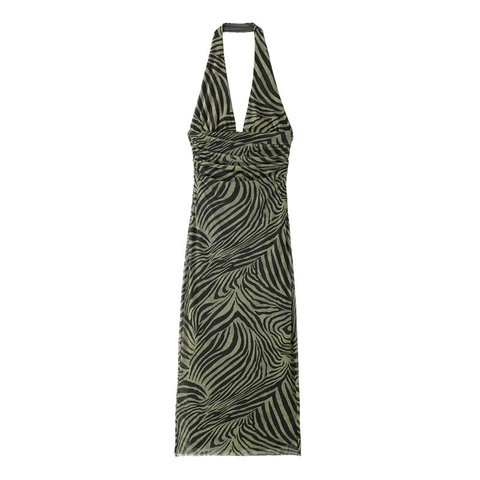 Sexy Groene Zebraprint Mesh Halterjurk Voor Dames Diepe V Hals Gerimpelde Bodycon Maxi Jurk Rugloos Zomer Resort Outfits