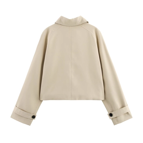 Veste Trench-coat Court Décontracté pour Femmes Minimaliste Revers Simple Boutonnage Beige Coupe-vent Ample pour Femmes