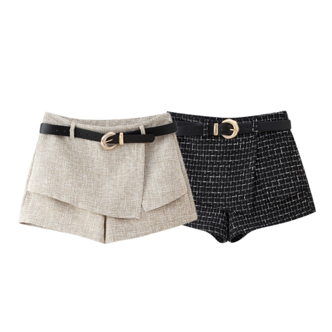 Women Tweed Round Neck Top And Textured A Line Shorts Set With Belt Elegant Sleeveless Vest Waistcoat Bottom Pants Set