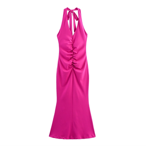 Women's Sexy Rose Red Halter Neck Maxi Dress Ruched Deep V-Neck Backless Sleeveless Slim Fit Polyester Mesh Party Dress