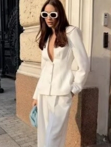 Casual Deep V-neck Blazer And Wide Leg Pants Fashion Office Streetwear Outfit Solid Color Polyester Top And Bottoms