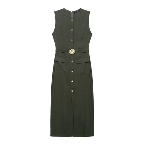 Dames Mouwloos Olijfgroen Maxi Jurk Katoen Linnen Mix Single Breasted Met Riem Slim Fit Casual Streetwear Lange Jurk