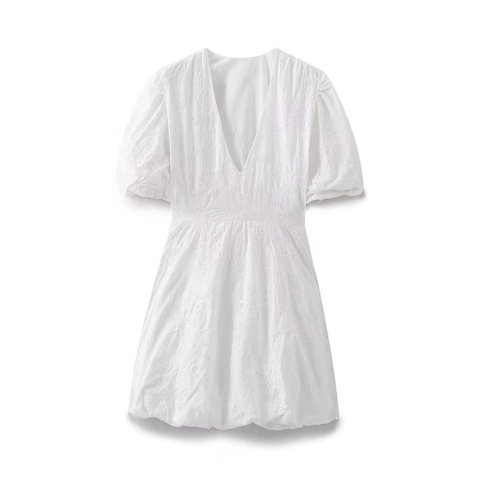 Vestito Mini Bianco da Donna Scollo a V Maniche a Sbuffo Corte Ricamo Jacquard Floreale Elegante Festa Estate