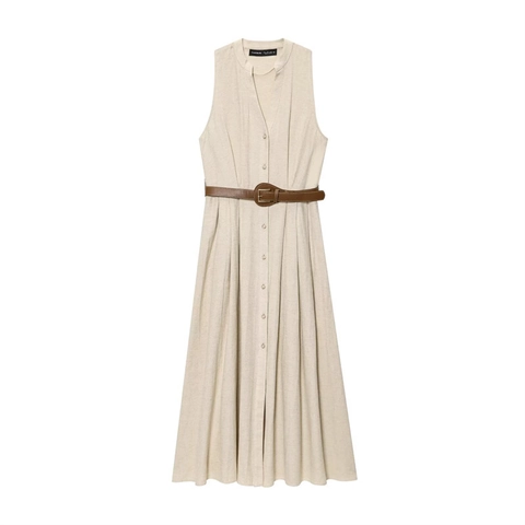 Vestido Sin Mangas para Mujer Con Cinturón Cuello en V Textura Algodón Lino Color Sólido Elegante Largo Línea A Verano