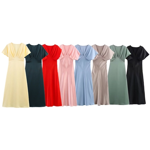 Women Elegant Satin V-Neck Ruffle Short Sleeve Midi Dress Solid Color High Waist A-Line Dress For Party Wedding Lady