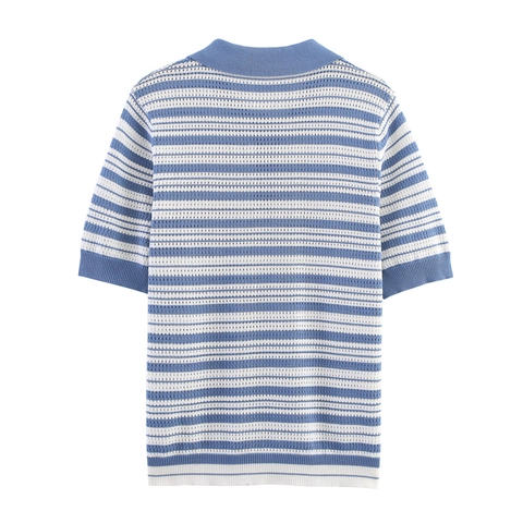 Women Striped Knit Polo Shirt Short Sleeve Lapel Neck Button Casual Breathable Eyelet Pointelle Knit Tee Summer Top