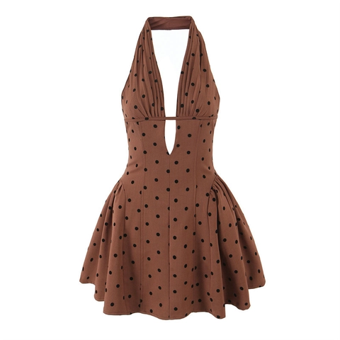 Damen Sexy Tiefer V-Ausschnitt Neckholder Polka Dot Kleid Vintage Braun Plissiert A-Linie Midi Kleid Für Sommerurlaub Party
