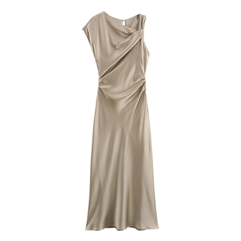 Robe Longue Élégante en Satin Plissé pour Femmes Style Européen Sans Manches Col Bénitier Champagne Or Robe de Soirée
