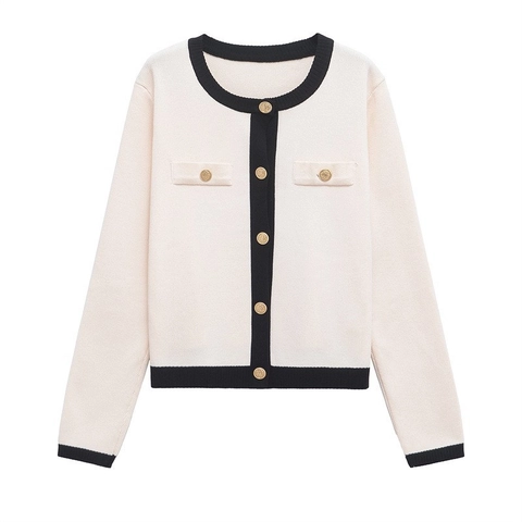 Damen Vintage Elegante Strickjacke Kontrastbesatz Goldknöpfe Rundhals Casual Französischer Stil Herbst Winter Pullover Jacke