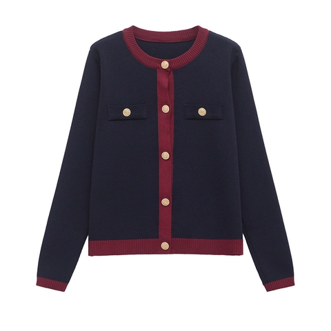 Damen Vintage Elegante Strickjacke Kontrastbesatz Goldknöpfe Rundhals Casual Französischer Stil Herbst Winter Pullover Jacke