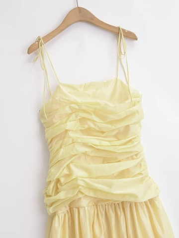 Dames Zomer Geplooid Midi-Jurk Met Spaghettibandjes Elegant Bleekgeel Mouwloos A-Lijn Vakantie Casual Feestjurk