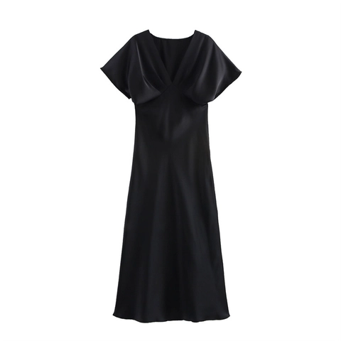 Women Elegant Satin V-Neck Ruffle Short Sleeve Midi Dress Solid Color High Waist A-Line Dress For Party Wedding Lady