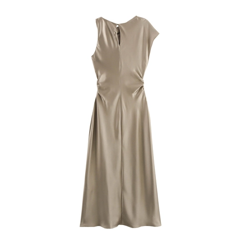 Robe Longue Élégante en Satin Plissé pour Femmes Style Européen Sans Manches Col Bénitier Champagne Or Robe de Soirée