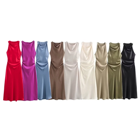 Women Elegant Satin Cowl Neck Sleeveless Midi Dress Solid Color Ruched Side Bodycon Polyester Party Banquet Dresses