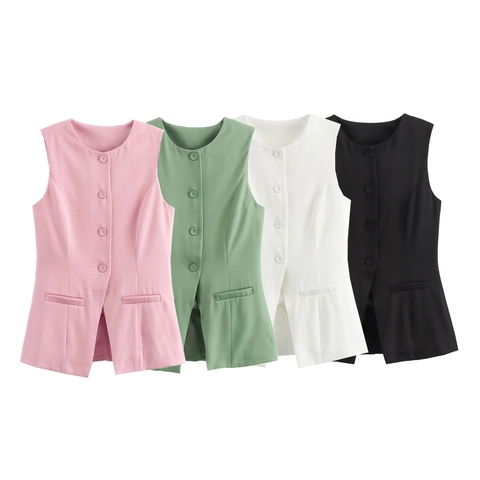 Completo Casual da Donna Due Pezzi Gilet Senza Maniche con Bottoni e Pantaloncini a Vita Alta Tinta Unita Streetwear Estivo