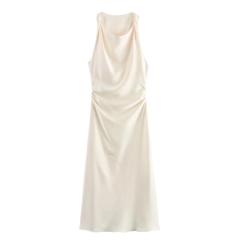 Women Elegant Satin Cowl Neck Sleeveless Midi Dress Solid Color Ruched Side Bodycon Polyester Party Banquet Dresses